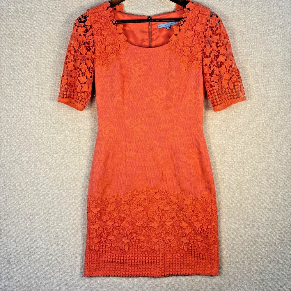 Antonio Melani Size 2 Coral Orange Lace Jacquard Sheath Dress Floral Guipure